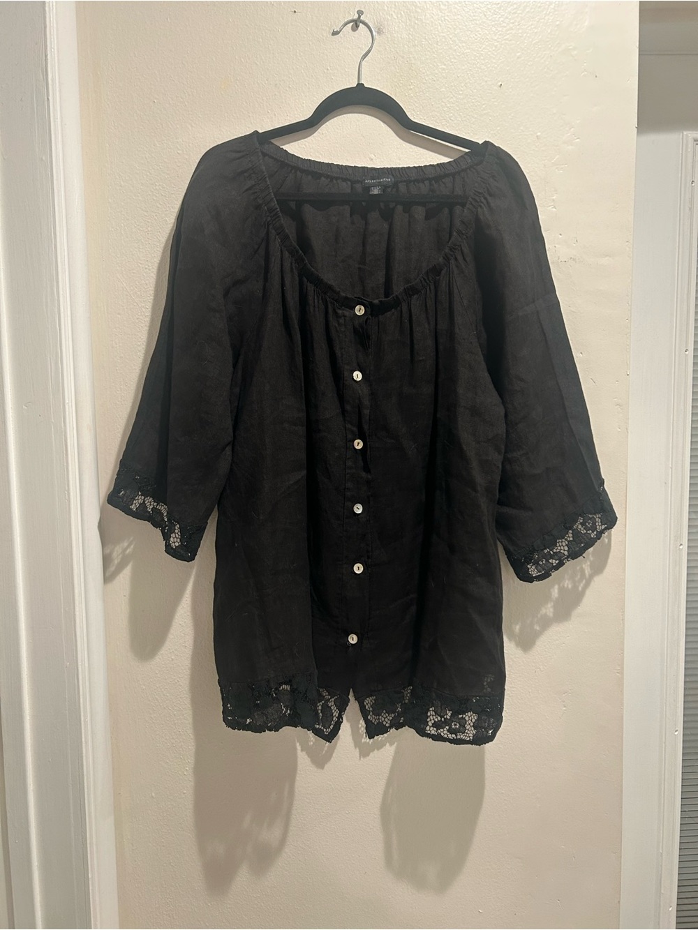 Button-Front Black Peasant Tunic with Lace Trim